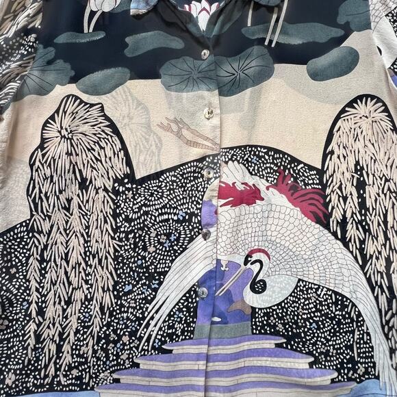 VINTAGE CITRON Crane Print Silk Button Down | L | Multicolor | Boho Resort - Picture 8 of 10